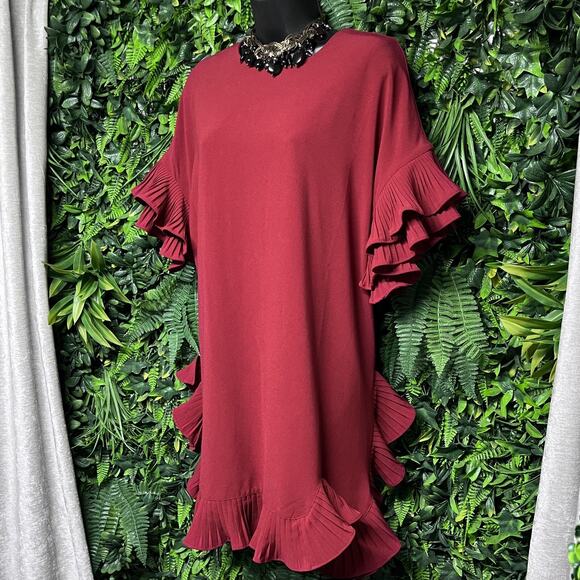 GARCIA Dress Women Medium Red Ruffle Pleated Round Neckline Shift Cocktail 2794 - Picture 8 of 10